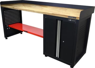 Kraftmeister werkbank 200 cm - Werktafel met 1 opbergkast en eiken werkblad - Zwart