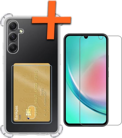 Hoes - Geschikt voor Samsung Galaxy A34 - Met Screenprotector - En Pashouder - En Kaarthouder - Telefoon Hoesje Shockproof - Siliconen Case - Back Cover - Shock Proof - Pasjes Houder - Transparant