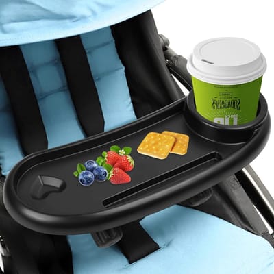 SnelShoppen - Snackdienblad voor Kinderwagen met Bekerhouder, Voederdienblad 3-in-1, Universeel Accessoire voor Kinderwagens, Zwart, Voor Kinderen, Id