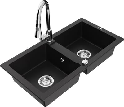 Mexen Mario granieten gootsteen 2-kamer met keuken kraan Elia, zwart - 6504-77-670101-00