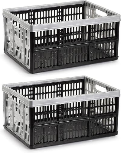 Plasticforte Opvouw krat - 2x - zwart/zilver - 48 x 35 x 24 cm - boodschappen - 32 liter
