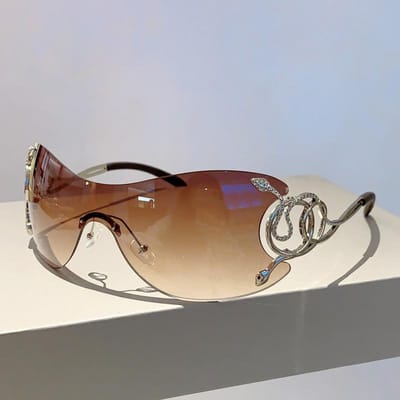 Y2K Randloos Luxe Designer Stijl Stijl Zonnebril Bril Dames Voor Mannen Eén Stuk Modieus Oversized Zonneklep Zonnebril Duurzaam Metaal Metaal Slang