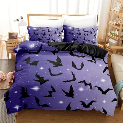 Zachte & Ademende Halloween Vleermuis Thema 3-Delige Dekbedovertrekset - Vierseizoenen Comfort met Gemakkelijke Ritsluiting en Duurzame Geweven Stof EU Single 135x200cm
