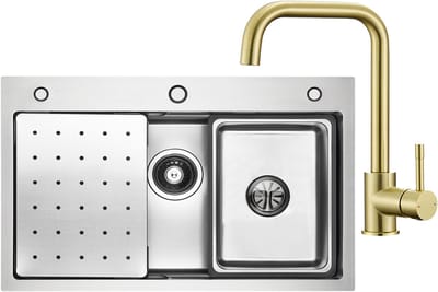 CECIPA max Spoelbakken met Kraangat 70x45 cm - Spoelbak Keuken Met Keukenkraan Goud - Multifunctionele Spoelbak - Incl. Sifon en Afvoerzeefje - Gootsteen Voor Roestvrij staal