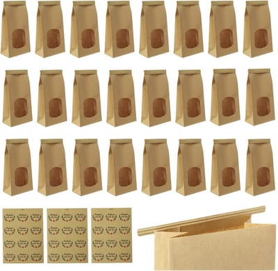 Dailygoods- Koekjeszakjes 24 stuks - Papieren Draagtas met Venster - Cadeauzakjes - Broodzakjes - Vetbestendig - Inclusief 36 Stickers - Papieren Zakjes