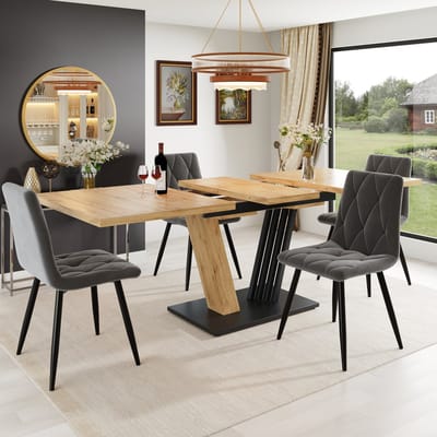 MODFU Uitschuifbare Eettafel - Vleugelvormige Poten - Klassiek - MDF En Metaal - Houtkleur - 120-160 X 80 X 76 Cm
