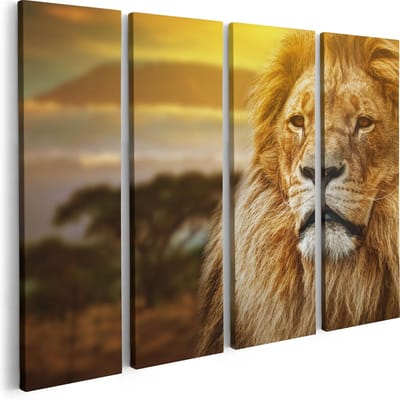 Artaza Canvas Schilderij Vierluik Leeuw - Leeuwenkop - 80x60 cm - Wanddecoratie Woonkamer - Schilderijen - Muurdecoratie