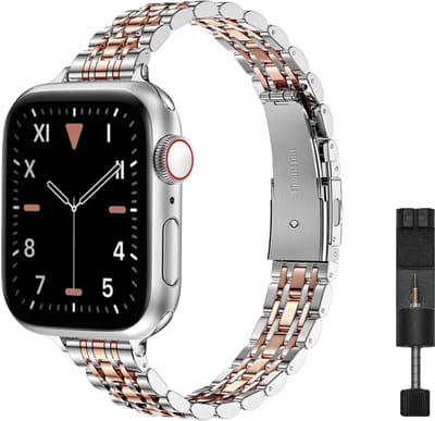 MY PROTECT - Luxe Metalen Slim Inspired Bandje - Geschikt Voor Apple Watch Bandje - Series 1/2/3/4/5/6/7/8/9/10/SE/Ultra - 44mm - 45mm - 46mm - 49mm - Zilver Rosé