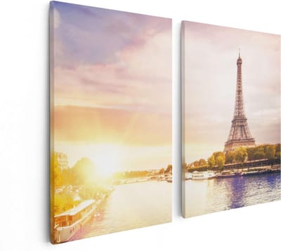 Artaza Canvas Schilderij Tweeluik Eiffeltoren In Parijs Aan Het Water - 80x60 - Foto Op Canvas - Canvas Print