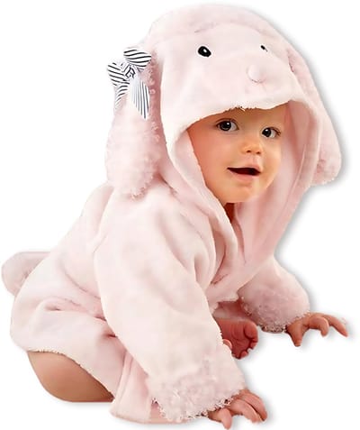 BoefieBoef Schaap Kinder Badjas Baby & Peuter 0-2 Jaar (0-85 cm) – Zacht Katoen Badstof met Dieren Capuchon – Absorberende Ochtendjas Handdoek voor Jongen & Meisje – Zwemles, Carnaval, Verjaardag & Kraamcadeau – Perfect na Bad & Zwemmen - Roze Dier