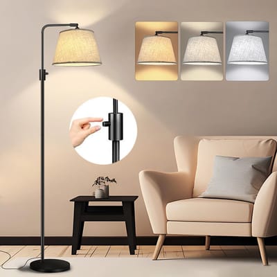 Rosnek Moderne LED Vloerlamp 173cm met Linnen Kap - 3 Lichtkleuren via Draaiknop - Inclusief 12W LED Lamp - 180° Draaibare Hoofd - Staande Lamp voor Woonkamer, Slaapkamer, Kantoor