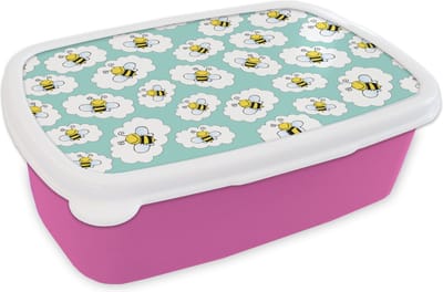 Broodtrommel Roze - Lunchbox - Brooddoos - Bij - Insecten - Patroon - Groen - 18x12x6 cm - Kinderen - Meisje