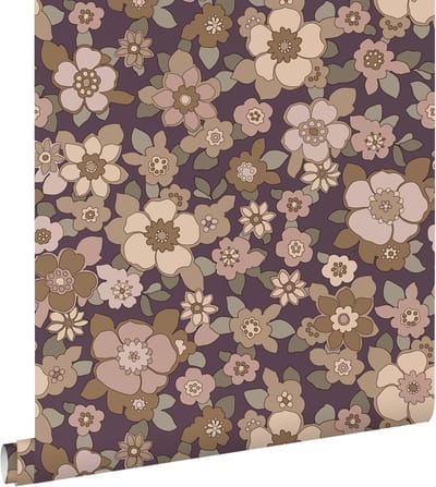ESTAhome behang retro bloemen donker paars en beige - 50 x 900 cm - 131529
