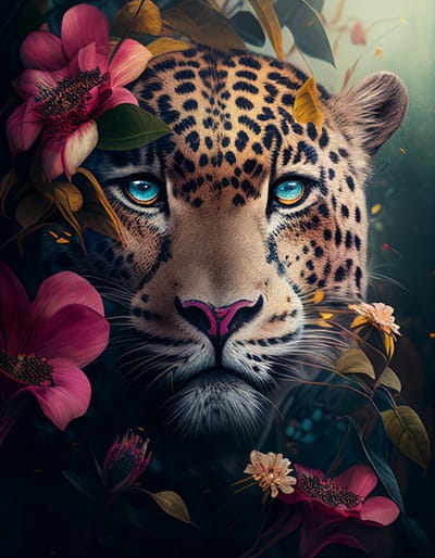AI - Woondecoratie - Poster - Dieren - Tijger - Bloemen en jungle - 43 - 50 x 70 cm