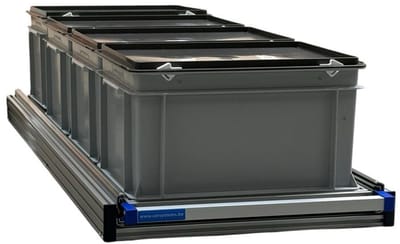 Schuifframe eenhandsbediening 120x40 cm in aluminium met 4 bakken met deksel