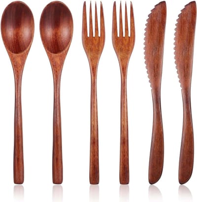6-delige Houten Bestekset voor Eten, Herbruikbare Lepels, Vorken en Spatel voor Thuis, Reizen en Kamperen