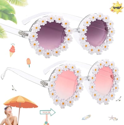 2 Stuks Retro Daisy Ronde Zonnebrillen met Polarisatie, Kleurrijke Zonnebrillen voor het Strand, Hippie Stijl en Bloemenpatroon voor Volwassenen