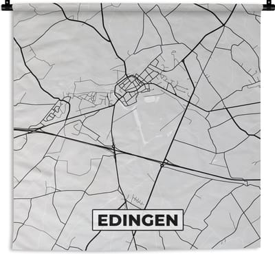 Wandkleed - Wanddoek - Zwart Wit – België – Plattegrond – Stadskaart – Kaart – Edingen - 180x180 cm - Wandtapijt
