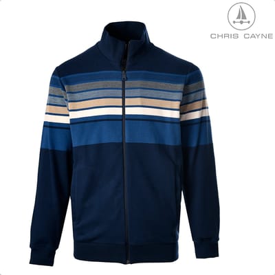 Chris Cayne herenvest - M - navy/zand/offwhite/lavendel - ingebreide streep - rits - steekzakken