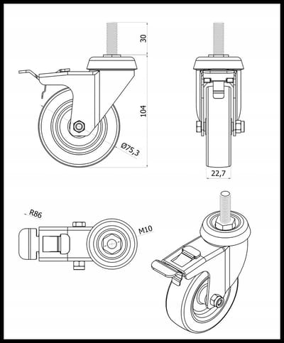 Möbelwiel met rem, M12 schroefdraad, 75mm diameter