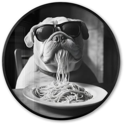 Poster in lijst Rond - Fotolijst 60x60 cm - Posters - Hond - Bulldog - Pasta - Bril - Stoer - Dieren - Ronde posterlijst zwart - Decoratie - Wanddecoratie woonkamer - Muurdecoratie slaapkamer