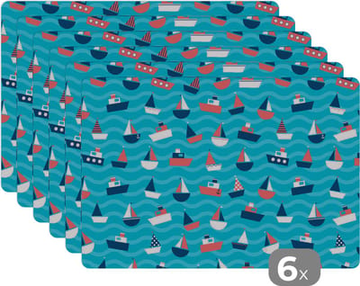 Placemat - Placemats kunststof - Boten - Zee - Patroon - 45x30 cm - 6 stuks - Hittebestendig - Anti-Slip - Onderlegger - Afneembaar