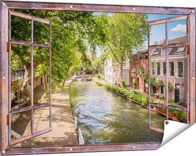 Gards Tuinposter Doorkijk Oudegracht in Utrecht - 120x80 cm - Tuindoek - Tuindecoratie - Wanddecoratie buiten - Tuinschilderij