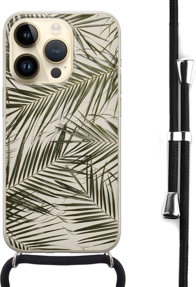 Hoesje met koord - Geschikt voor iPhone 14 Pro - Palmbladeren - Verstelbaar zwart koord - Transparant, Groen - Planten - Leuke Telefoonhoesjes