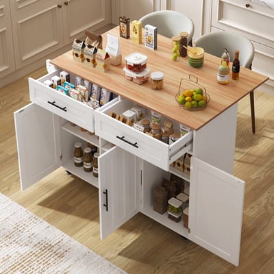 DESMIU Keukenwagen - Uitschuifbare Eettafel Met Opbergruimte - Voor Keuken En Eetkamer - MDF - Wit Naturel - 129x71x91,5 Cm