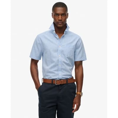 Superdry City Overhemd van Katoen en Linnen met Korte Mouwen Light Blue Grootte: S