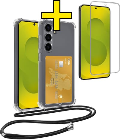Hoesje Geschikt voor Samsung S25 FE Telefoonhoesje Met Koord Case Pashouder Met Screenprotector Siliconen - Hoes Geschikt voor Samsung Galaxy S25 FE Hoesje Met Kaarthouder - Transparant