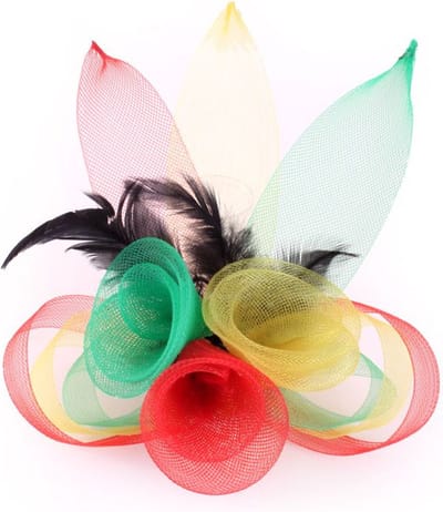 Broche tule 3 bloemen met veertjes rood-geel-groen carnaval