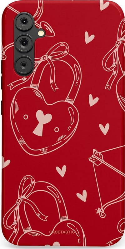 Casetastic Hoesje Geschikt voor Samsung A34 (5G) - Stijlvolle Beschermende Duo-layer Case - Hartendief - Liefdes Slotjes - Valentijn - Valentine - Love - Rood Wit