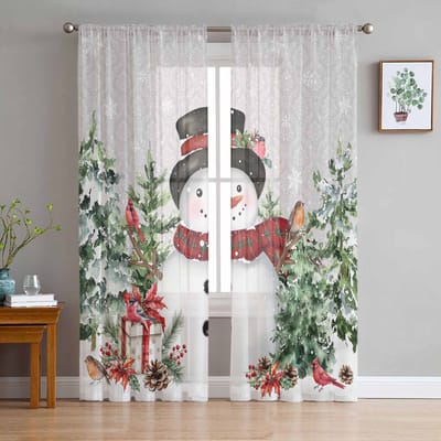 Kerstboom Sneeuwvlokken Roodborstje Sneeuwpop Grijs Transparante Gordijnen Woonkamer Decoratie Raamgordijnen Keuken Tule Voile Gordijnen W135 x H115cm x1 white