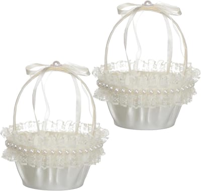 Bloemenmeisjesmandjes Set - Bruiloft Decoratie - Bruiloft Ceremonie - Handgemaakt Satijn - 17 x 13.5 cm - Beige