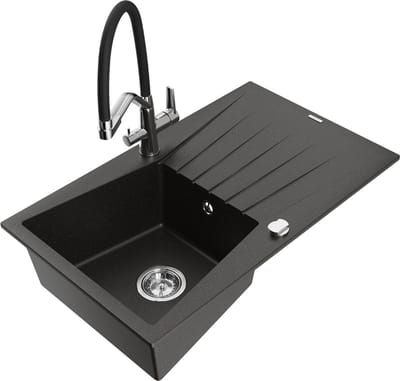 Mexen Cesar granieten spoelbak 1-kompartment met afdruiprek en keukenkraan Duo, zwart/gouden metallic - 6514-75-671701-07