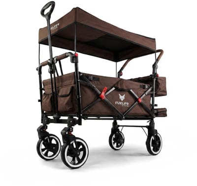 FUXLIFE by FUXTEC CT850 Bolderkar Kinderwagen - Opvouwbaar - Bruin | Comfortabel & Veilig - Met Zonnedak & Handkar - Max. 75kg