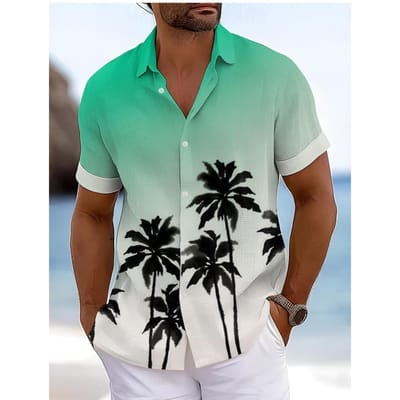 Kokospalm 3D Print Shirt Zomer Hawaïaans Heren Shirt Korte Mouw Vakantie Zomer Omgeslagen Knopen M blue