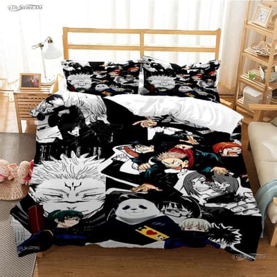 Dessin animé Anime Jujutsu Kaisen Housse de couette Couette Ensemble de literie Housse de couette douce et Taies d'oreiller pour Adolescents Simple/Double/Queen/King EU Twin(135x200cm) black