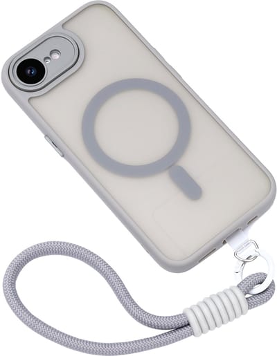 Casemania Hoesje + Koord Geschikt voor Apple iPhone 16e - Grijs - Matte Armor Back Cover Geschikt voor MagSafe - Telefoonhoesje met Pols Bandje