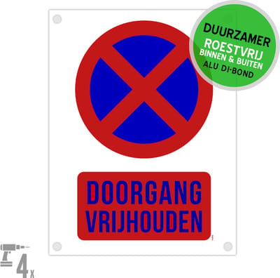 Pictogram/ bord Dibond + boorgaten | "Doorgang vrijhouden" | 27 x 36 cm | Bouwwerf | Uitrit | Brandweg | Opvallend | Werf | Roestvrij | 1 stuk