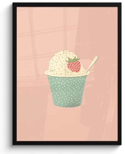 Poster in lijst - Fotolijst 50x70 cm - Posters - Bakje - Ijs - Aardbei - Roze - Posterlijst zwart - Decoratie - Wanddecoratie woonkamer - Muurdecoratie slaapkamer