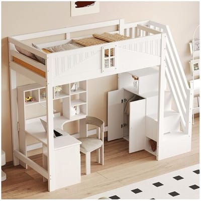 Merax Kinderhoogslaper - 90 x 200 cm - met opbergtrap + raam + kledingkast - hout + MDF - wit