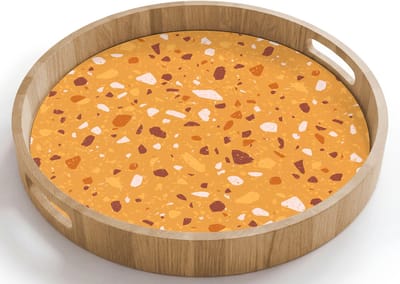 Dienblad rond 40x40 cm - Schootdienblad hout - Terrazzo - Patroon - Okergeel - Borrelplank rechthoek - Plateau houten dienbladen