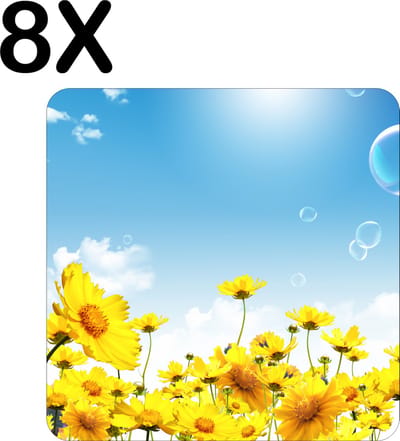 Luxe Placemat - Gele Bloemen met Blauwe Lucht en Bellen - Set van 8 Placemats - 50x50 cm - 2 mm dik Vinyl - Anti Slip - Afneembaar