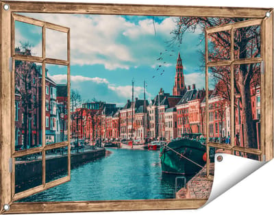 Gards Tuinposter Doorkijk Gracht in Groningen - 90x60 cm - Tuindoek - Tuindecoratie - Wanddecoratie buiten - Tuinschilderij