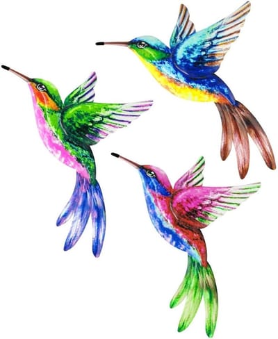 3D Kolibri Wanddecoratie Set van 3 - Metalen Wandsculpturen voor Buiten en Tuin, Hangende Vogel Wanddecoratie en Wandkunst