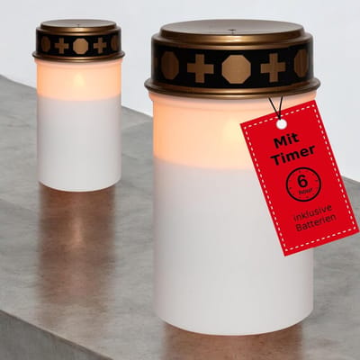 Novaliv 2 stuks graflichten LED met batterij en timer 6/18 graflichten wit langdurige graflamp LED kaarsen flikkerende vlam grafkaars gedenkkaars graflantaarn eeuwig licht rouwkaars