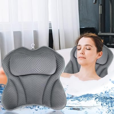 Badkussen, badkussen als nek- en nekkussen, badkuip, met 4D-Air-mesh-technologie, nek en rug in de badkuip met 6 zuignappen, badkuip hoofdsteun voor thuis spa (grijs)