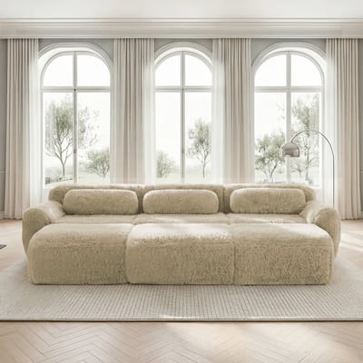 Botloze bank - modulaire slaapbank met 3 voetenbankjes - driezitsbank - woonkamerbank - lichtkaki
